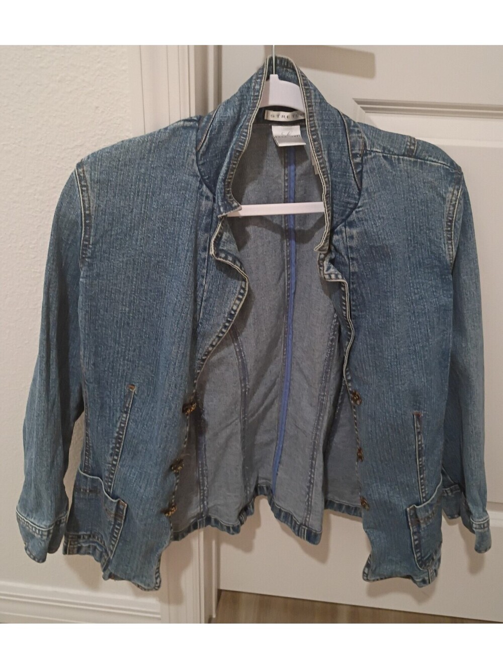 Emma James Women’s Blue Stretch Denim Blazer Jacket Zip Pockets Casual